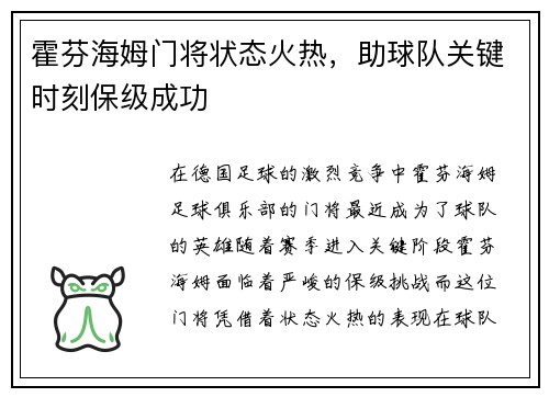 霍芬海姆门将状态火热，助球队关键时刻保级成功