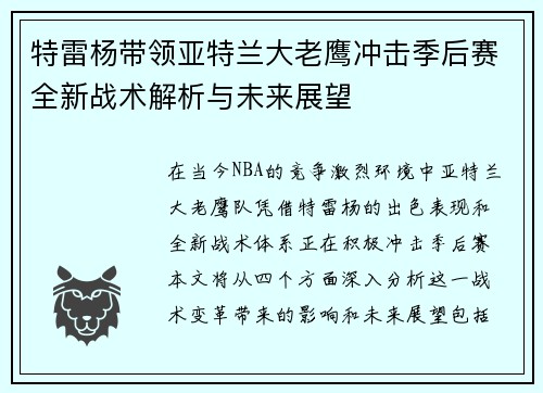 特雷杨带领亚特兰大老鹰冲击季后赛全新战术解析与未来展望